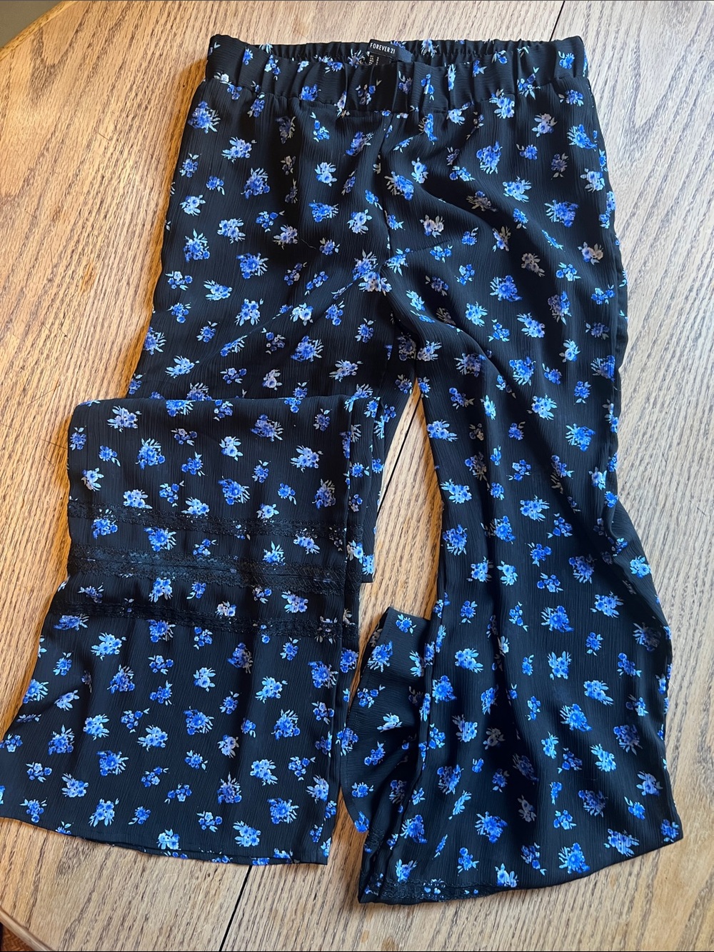 Forever 21 Black Wide-Leg Festival Pants with Blue Floral Print